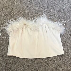 Altar'd State Ivory Feather-Trim Strapless Bustier Crop Top
